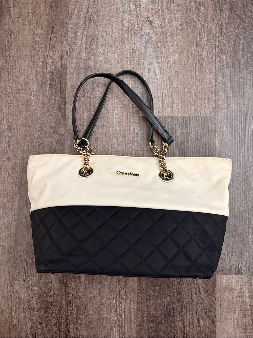 Calvin Klein Black and Cream Quilted Chain-Accent small Tote